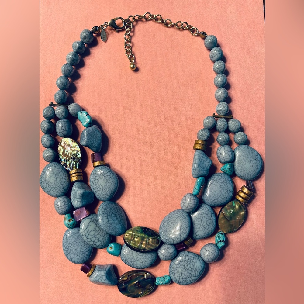 Turquoise Chicos 3 Strand Blue & Iridescent Beaded & Stone Necklace 9”